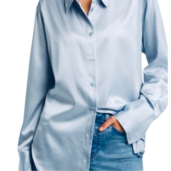 Cupcakes and Cashmere Blue Satin Blouse XL French Cuff Button Front Draped Shirt - Picture 5 of 10